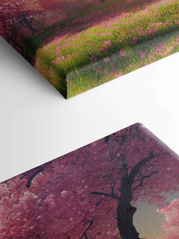 Ein Feld mit rosa Blumen und Bäumen Ein Feld mit rosa Blumen und Bäumen
