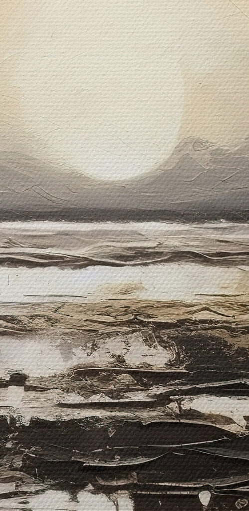 A painting of a beach with the sun in the background