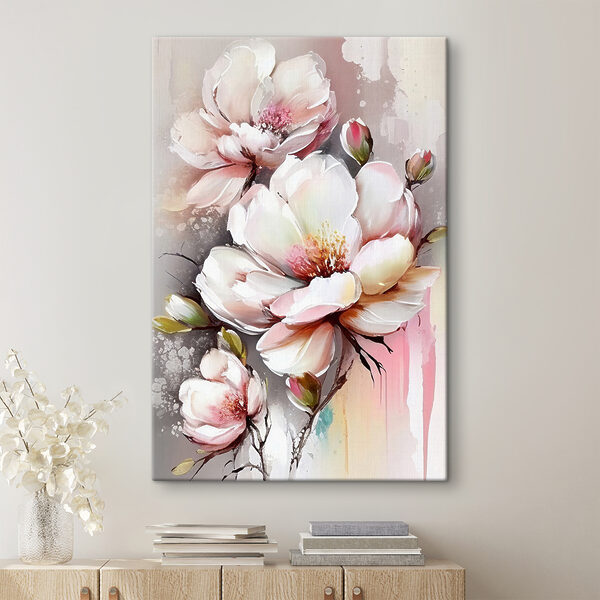 Ein Gemälde mit Blumen auf einer weißen Fläche Ein Gemälde mit Blumen auf einer weißen Fläche