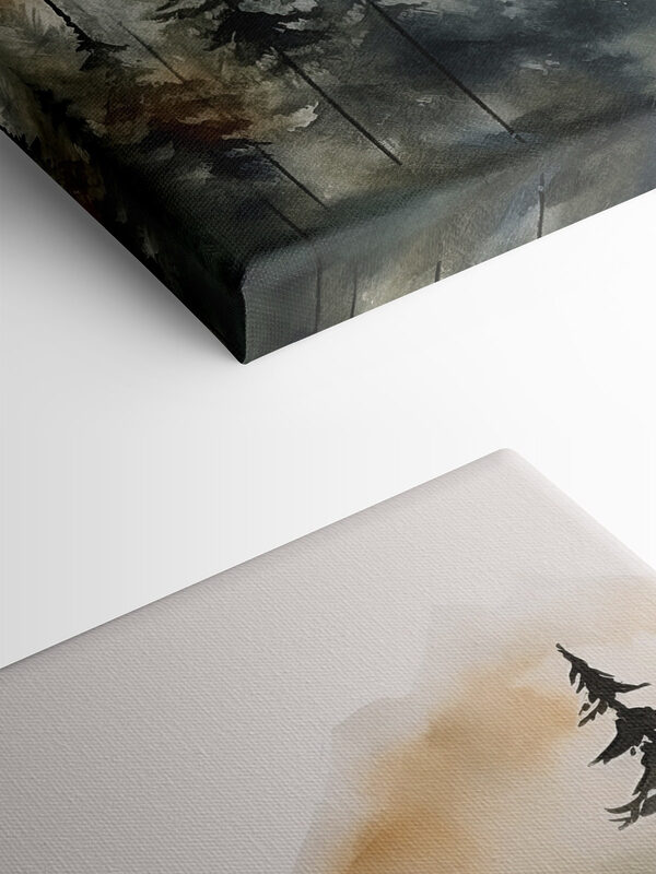 A watercolor of a forest with mountains in the background A watercolor of a forest with mountains in the background