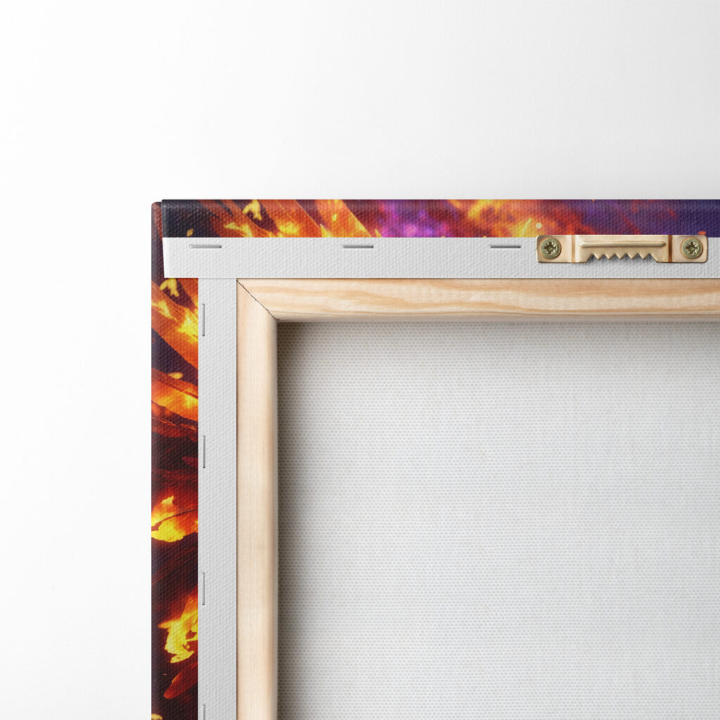 A bird with wings spread and flames in the background