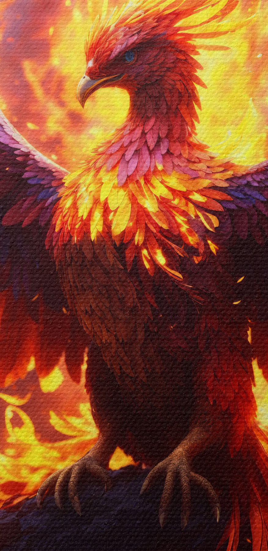 Ein Vogel mit ausgebreiteten Flügeln und Flammen im Hintergrund Ein Vogel mit ausgebreiteten Flügeln und Flammen im Hintergrund