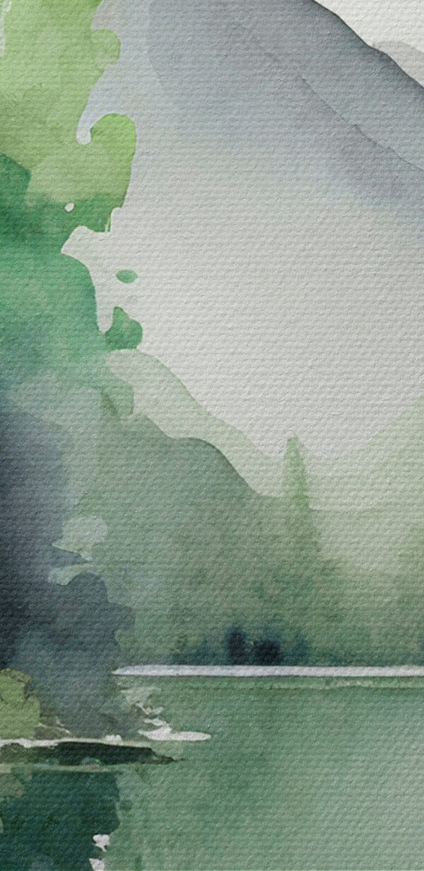 Aquarell eines von Bäumen und Bergen umgebenen Sees Aquarell eines von Bäumen und Bergen umgebenen Sees