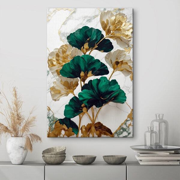 Eine grüne und weiße Blume auf einer Marmoroberfläche Eine grüne und weiße Blume auf einer Marmoroberfläche