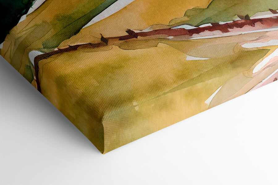 Aquarell eines Hauses auf einem Hügel mit Bäumen und Hügeln