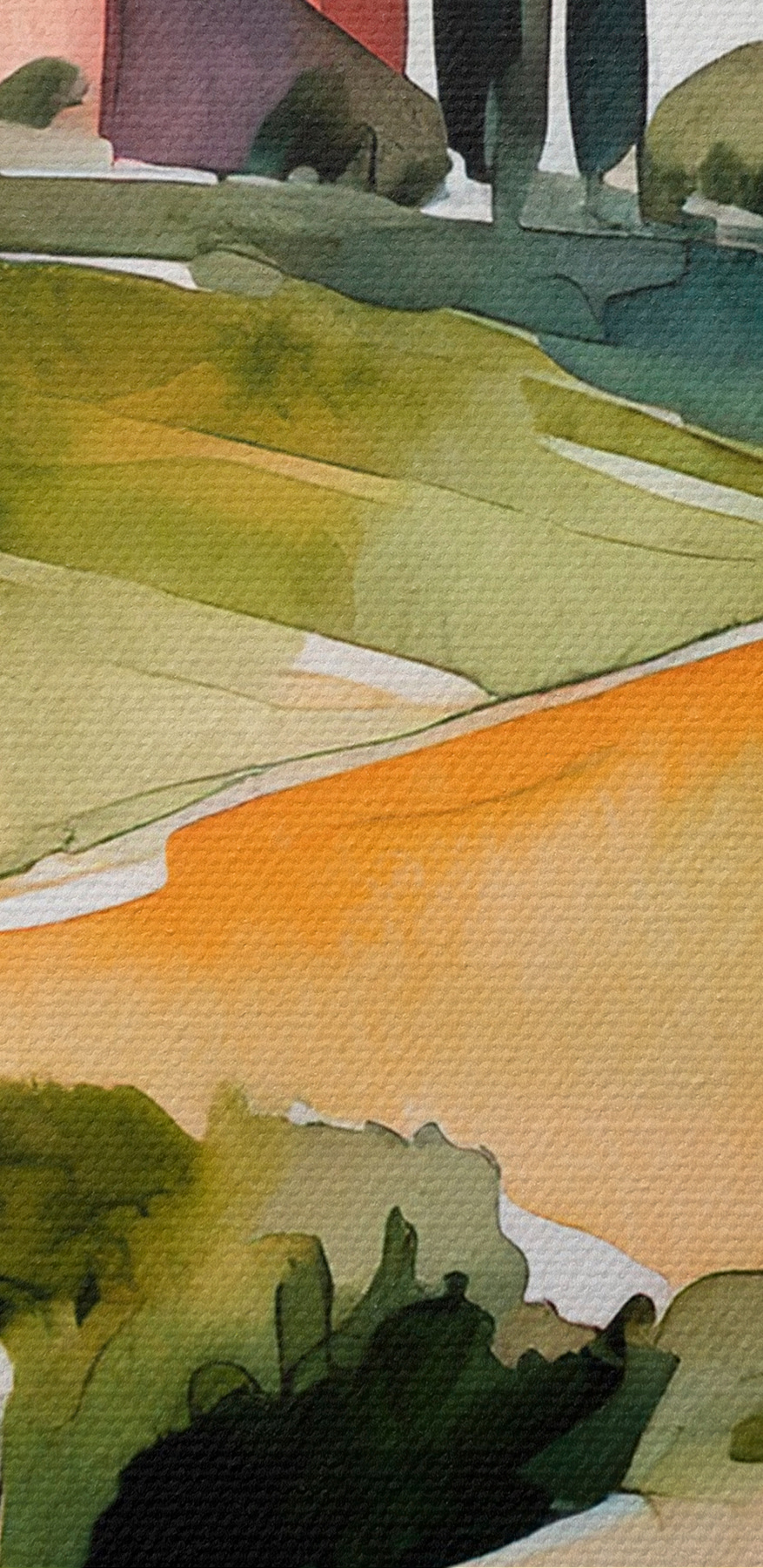 Aquarell eines Hauses auf einem Hügel mit Bäumen und Hügeln