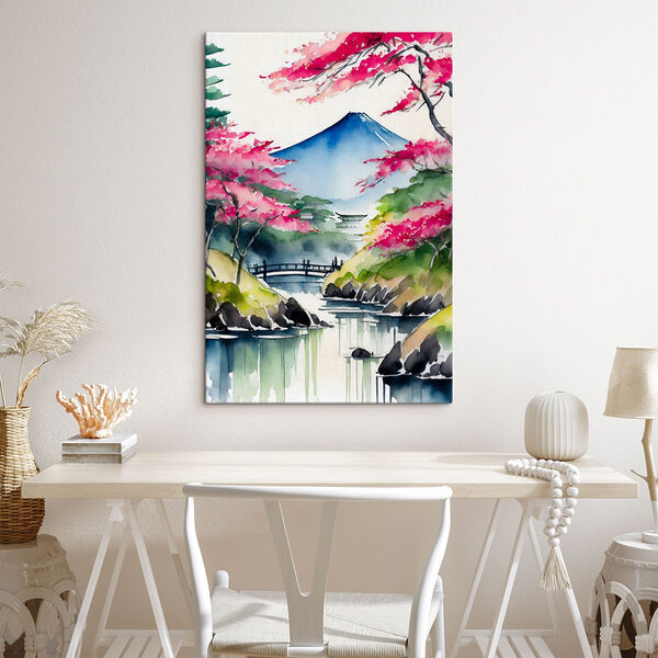 Aquarellmalerei eines Berges und Bäume mit rosa Blumen Aquarellmalerei eines Berges und Bäume mit rosa Blumen