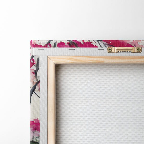 Aquarellmalerei eines Berges und Bäume mit rosa Blumen Aquarellmalerei eines Berges und Bäume mit rosa Blumen