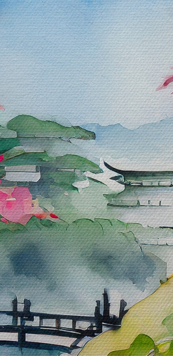 Aquarellmalerei eines Berges und Bäume mit rosa Blumen Aquarellmalerei eines Berges und Bäume mit rosa Blumen