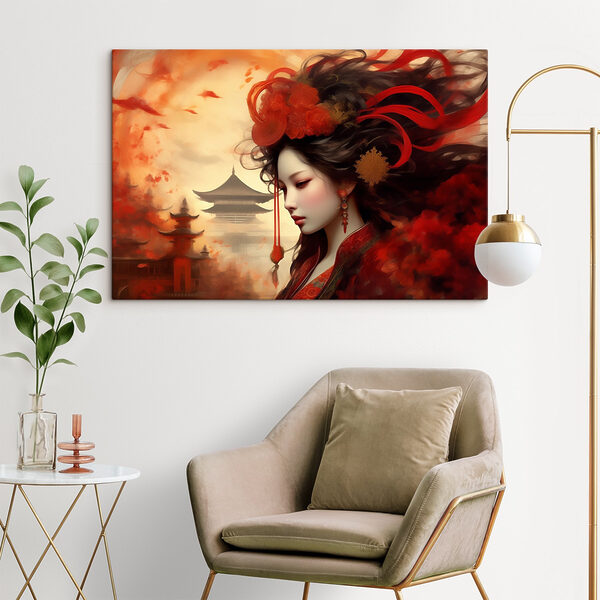 A woman with long hair and red flowers in her hair