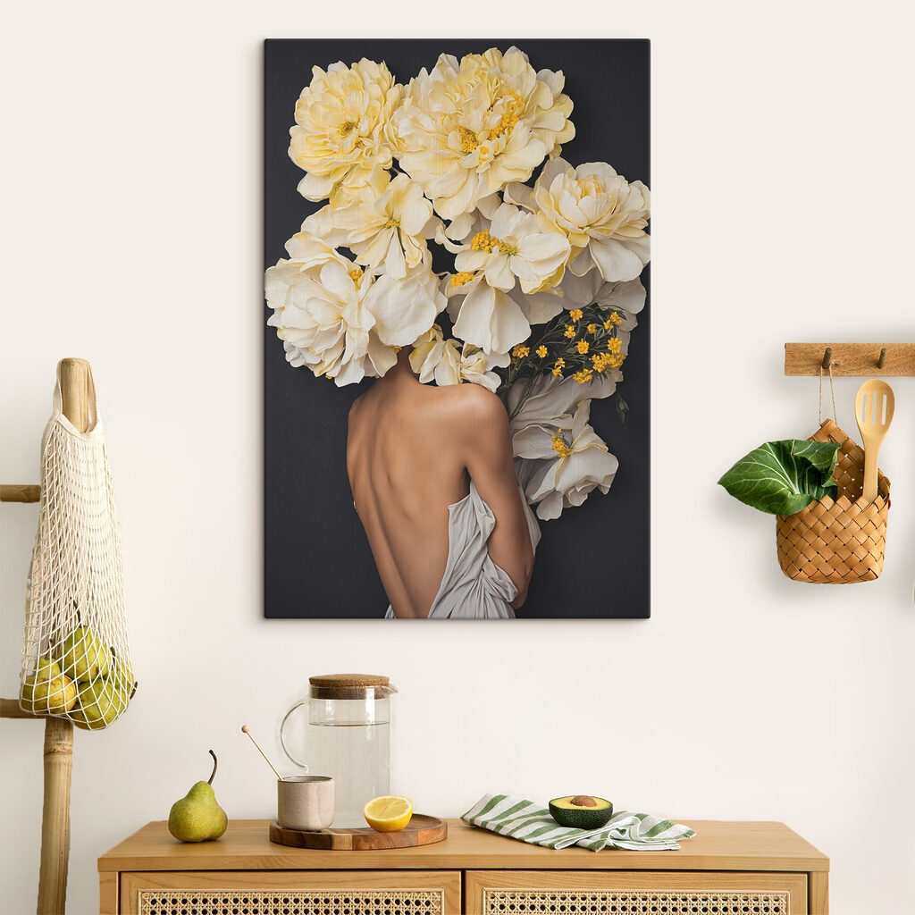 A woman with flowers over her head