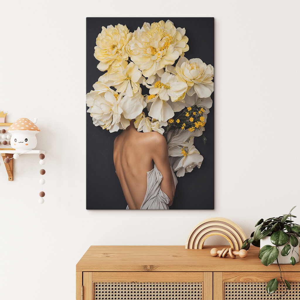 A woman with flowers over her head