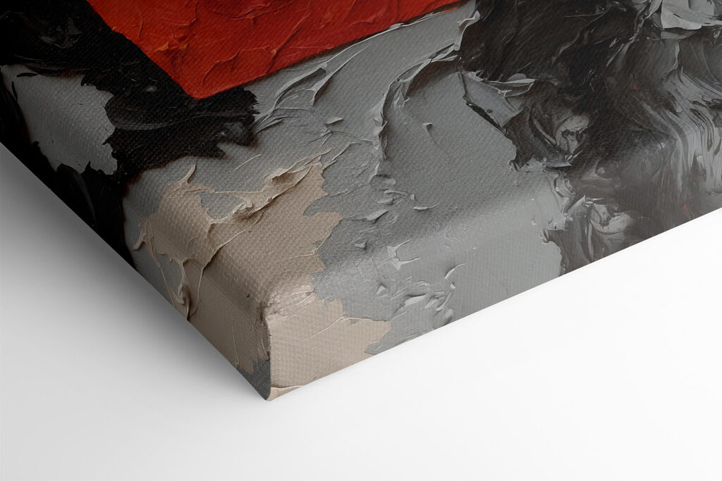 A painting of a red square with black and white paint