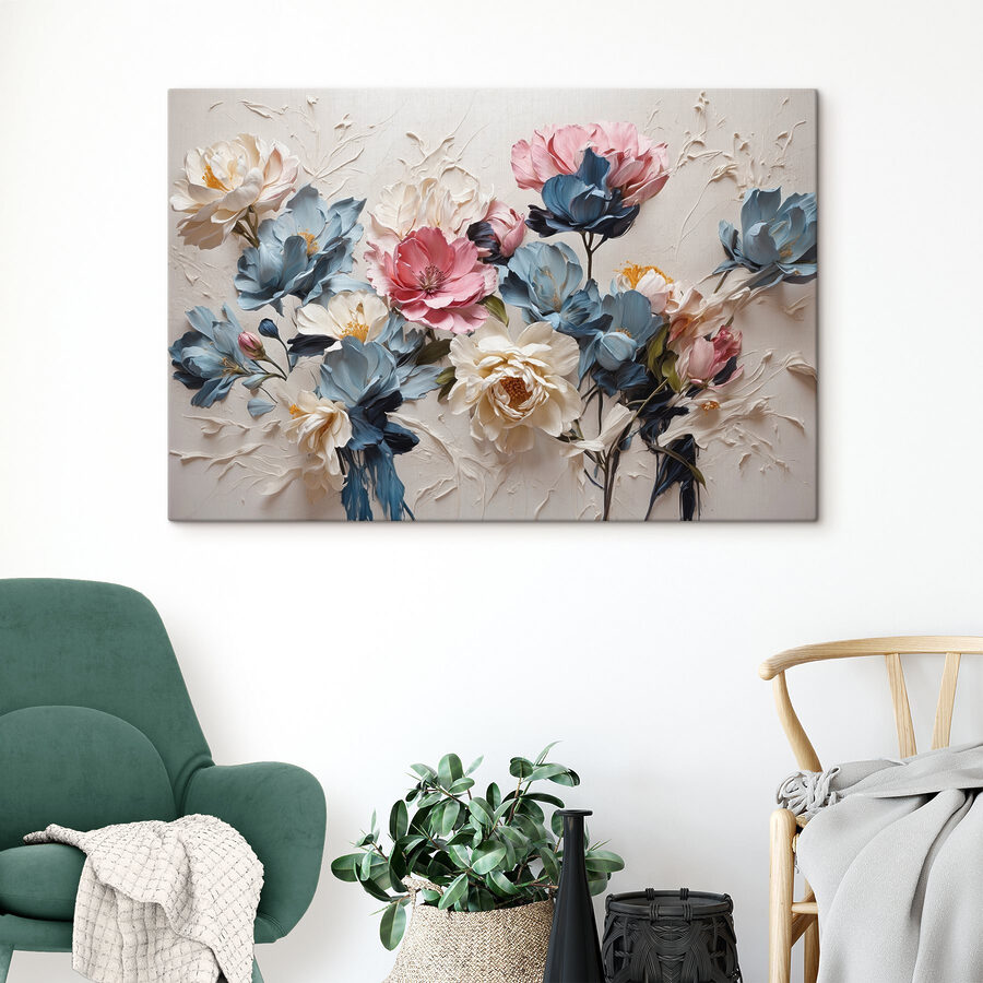 Ein Gemälde mit Blumen auf einer weißen Fläche Ein Gemälde mit Blumen auf einer weißen Fläche