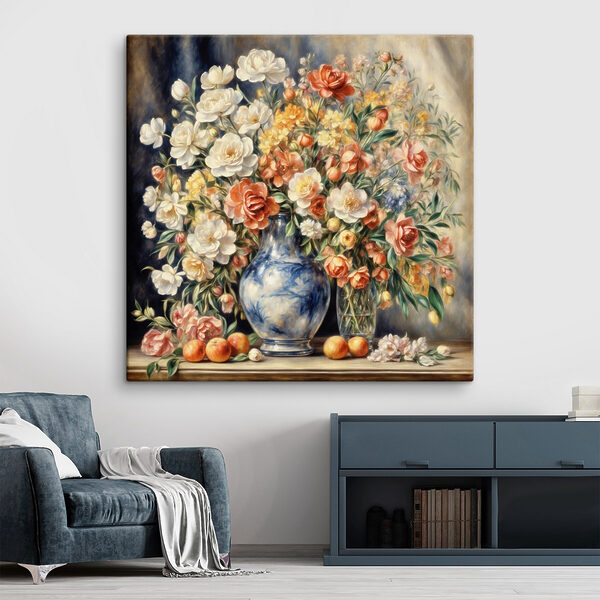 Ein Gemälde mit Blumen in einer Vase und Obst Ein Gemälde mit Blumen in einer Vase und Obst