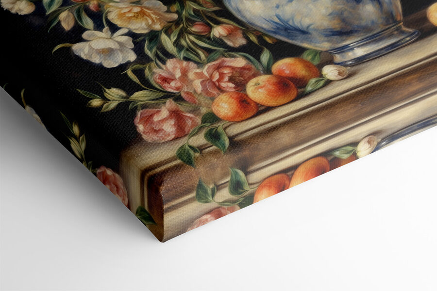 Ein Gemälde mit Blumen in einer Vase und Obst Ein Gemälde mit Blumen in einer Vase und Obst