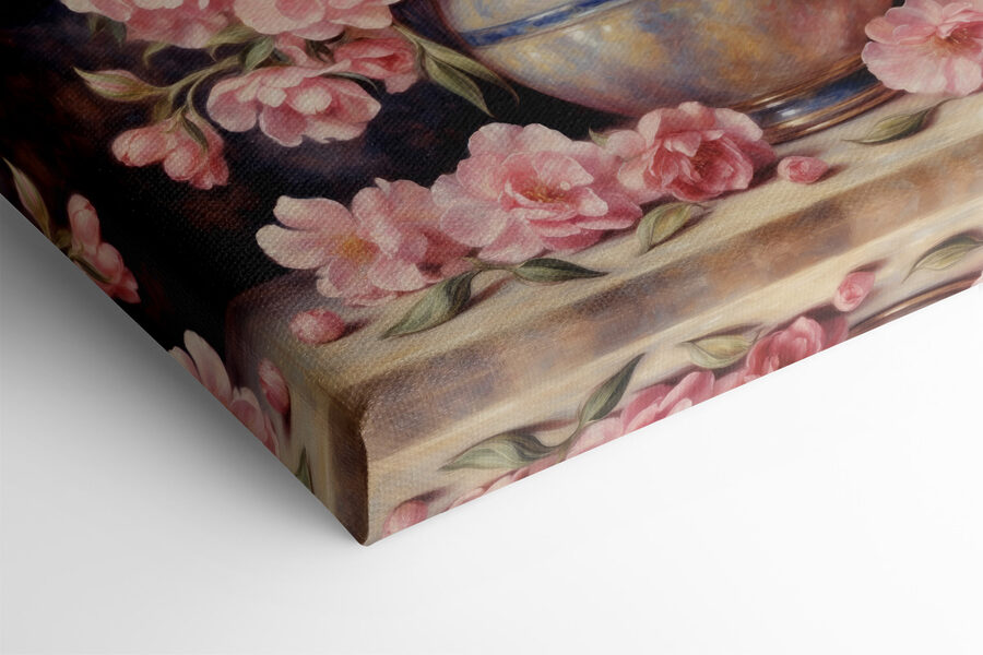 Ein Gemälde mit rosa Blumen in einer Vase