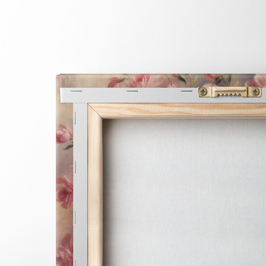 Ein Gemälde mit rosa Blumen in einer Vase