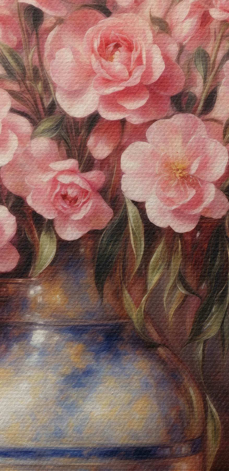 Ein Gemälde mit rosa Blumen in einer Vase