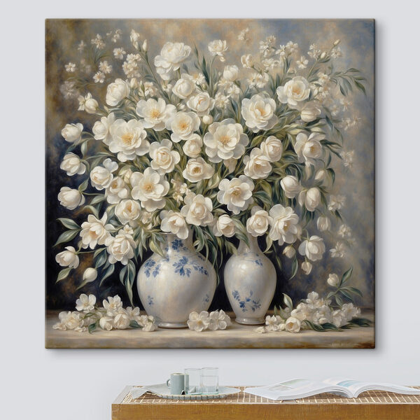 Ein Gemälde mit weißen Blumen in Vasen Ein Gemälde mit weißen Blumen in Vasen