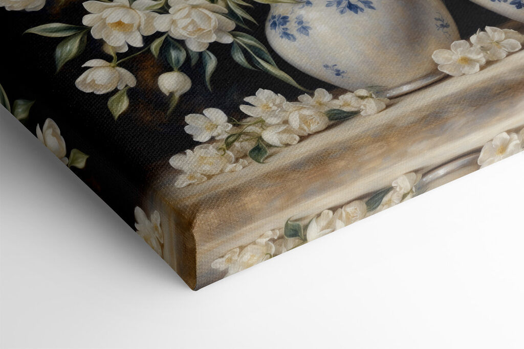 A painting of white flowers in vases