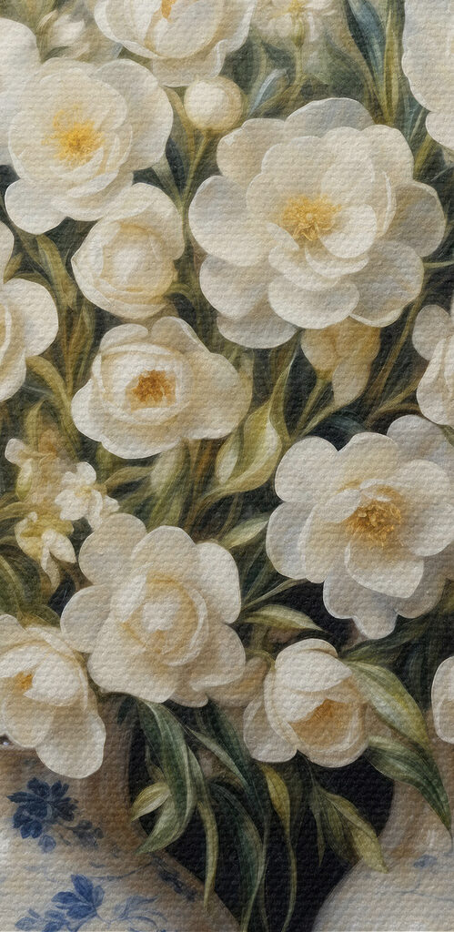 A painting of white flowers in vases
