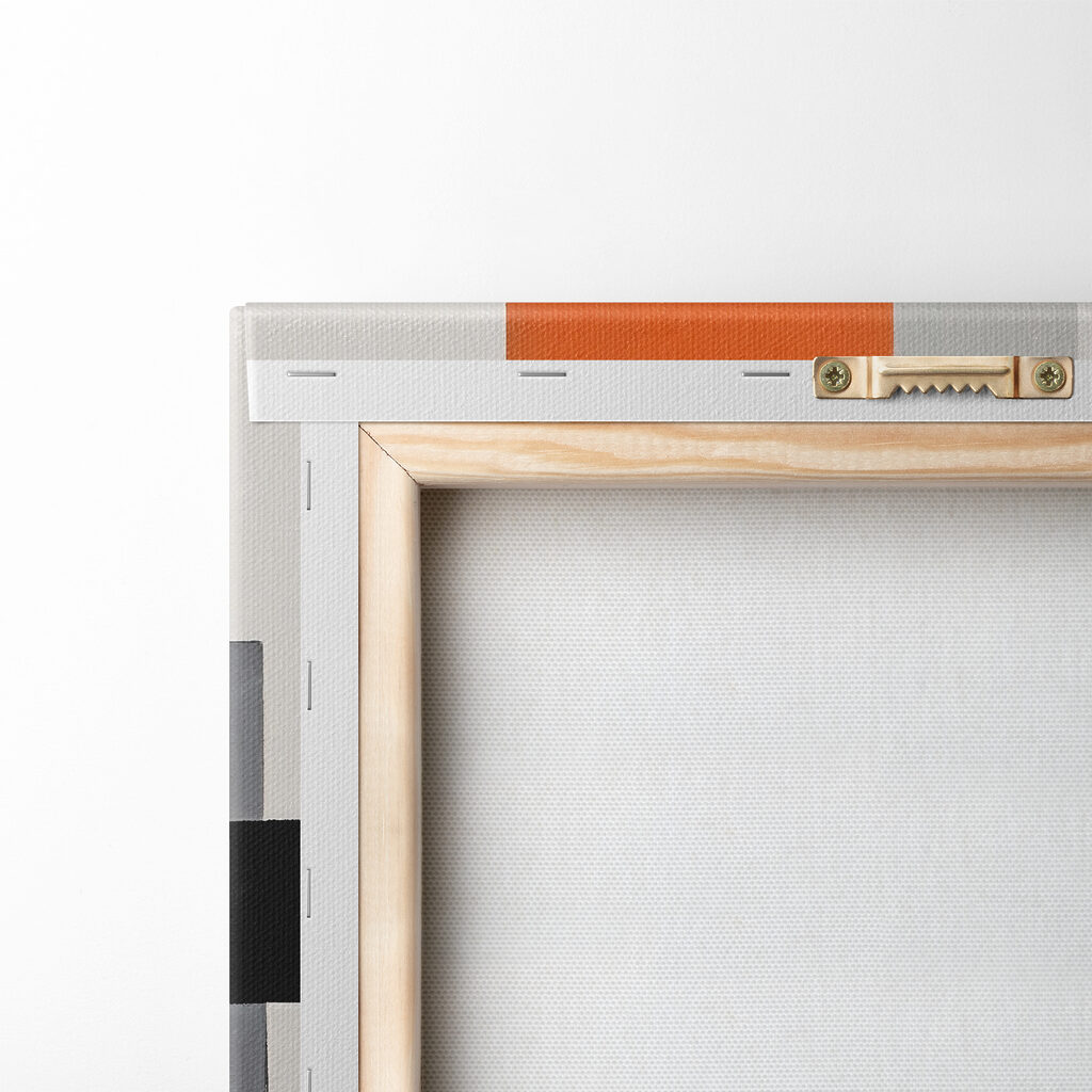 A painting of a black red and white rectangles