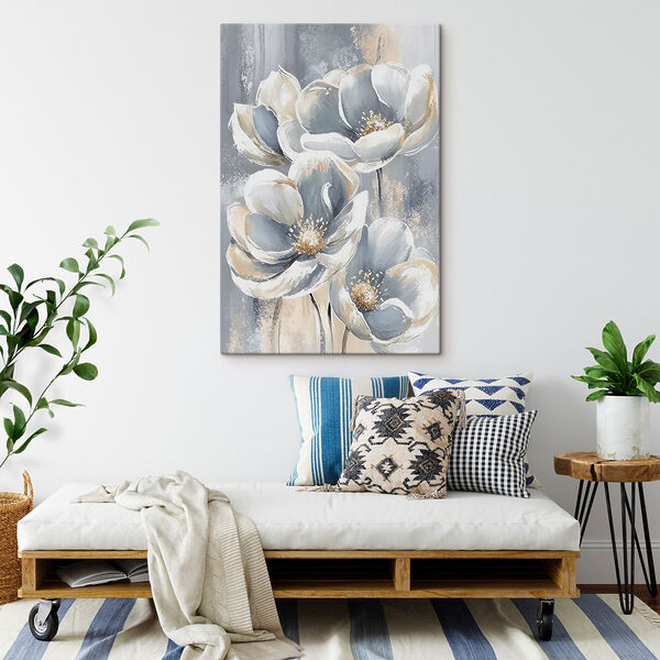 Ein Gemälde mit Blumen auf grauem Hintergrund Ein Gemälde mit Blumen auf grauem Hintergrund