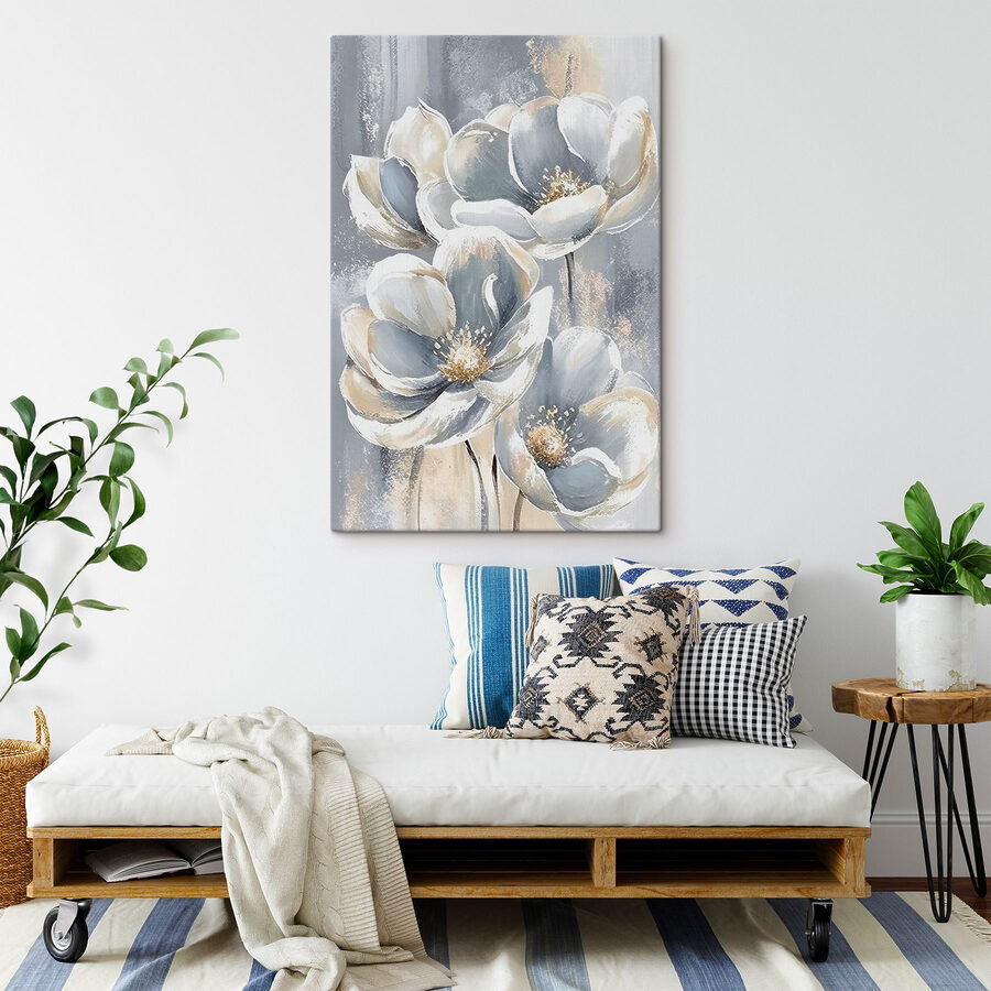 Ein Gemälde mit Blumen auf grauem Hintergrund Ein Gemälde mit Blumen auf grauem Hintergrund