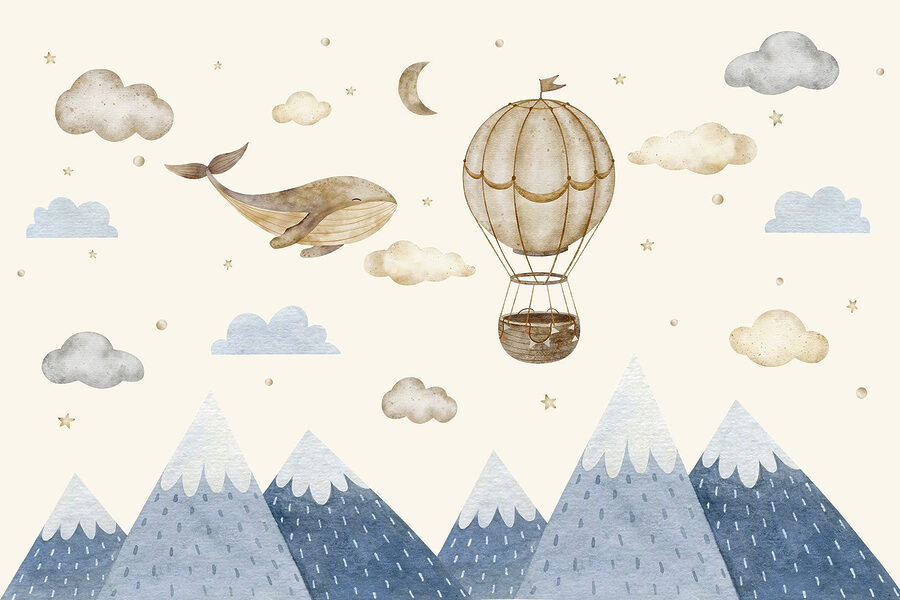 Wal und Heißluftballon am Himmel