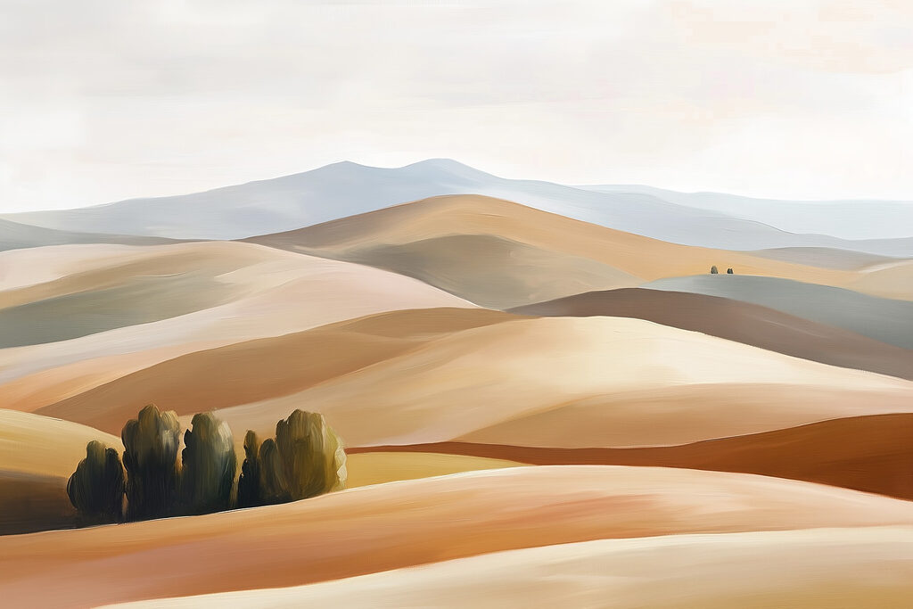 Landschaft mit Hügeln und Bäumen Landschaft mit Hügeln und Bäumen