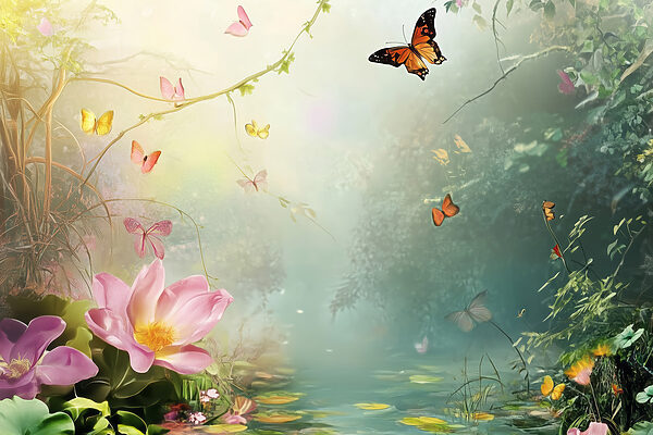 Butterfly and flowers in a forest