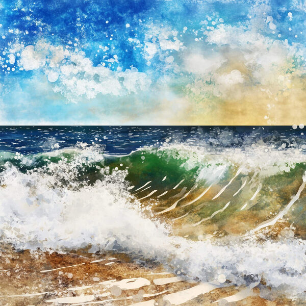 Aquarell von Wellen, die an einem Strand brechen Aquarell von Wellen, die an einem Strand brechen