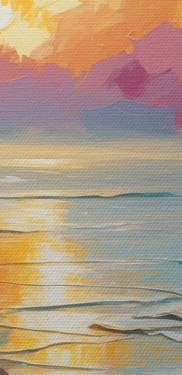 Ein Gemälde eines Strandes mit Palmen und einem Sonnenuntergang Ein Gemälde eines Strandes mit Palmen und einem Sonnenuntergang