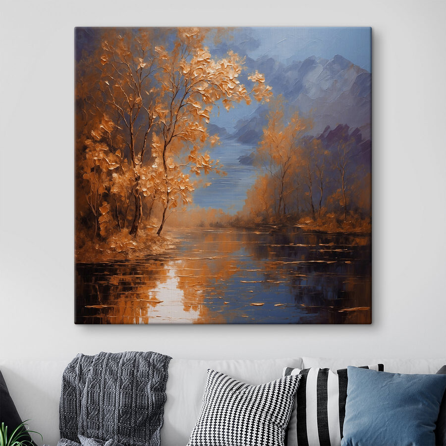 Ein Gemälde mit Bäumen und Wasser