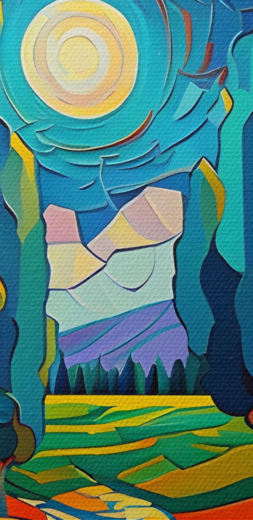 Eine bunte Landschaft mit Bäumen und einem Weg Eine bunte Landschaft mit Bäumen und einem Weg
