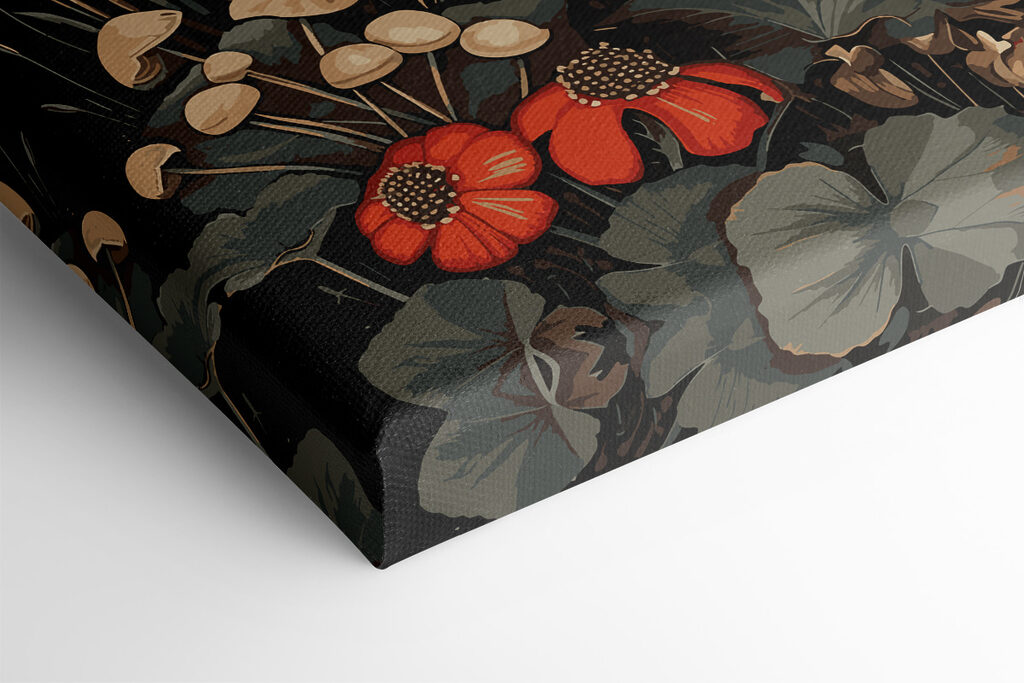 A painting of mushrooms and plants