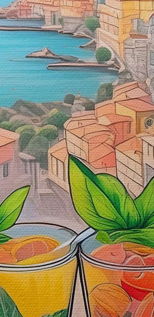 A hand holding glasses with drinks in front of a city