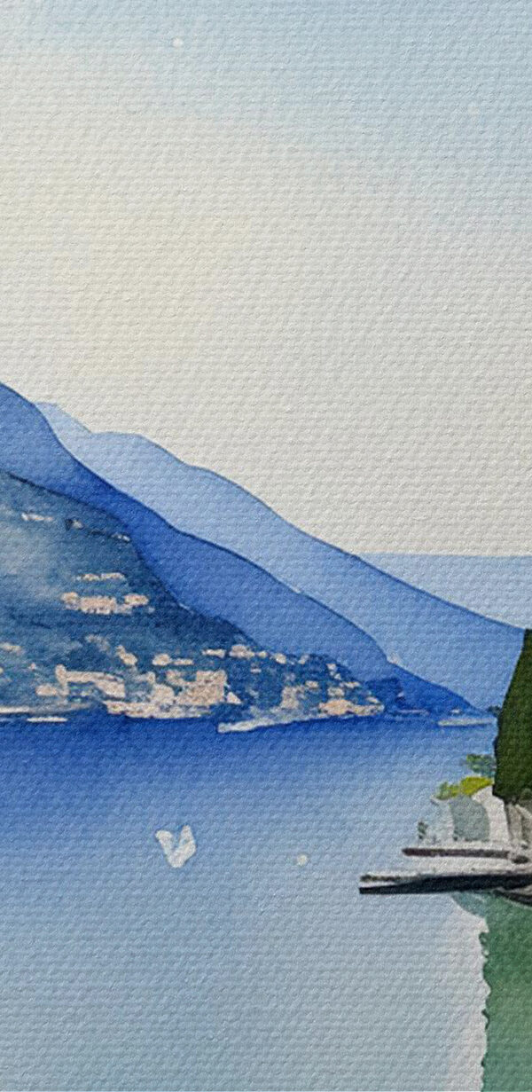 Aquarellmalerei einer Stadt und eines Gewässers Aquarellmalerei einer Stadt und eines Gewässers