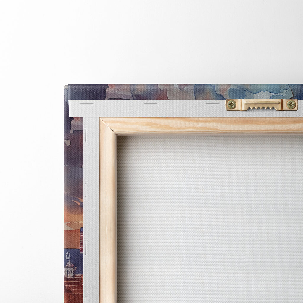 A watercolor painting of a city with a clock tower and a river