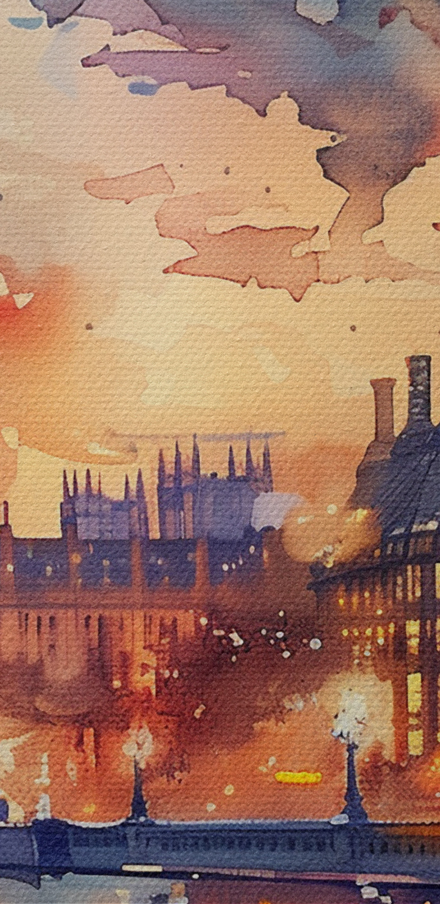 Aquarell einer Stadt mit einem Uhrenturm und einem Fluss