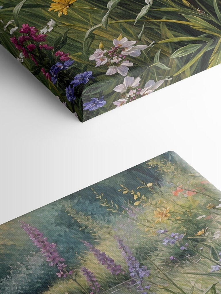 A painting of flowers by a river A painting of flowers by a river