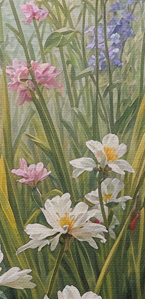 A painting of flowers by a river A painting of flowers by a river