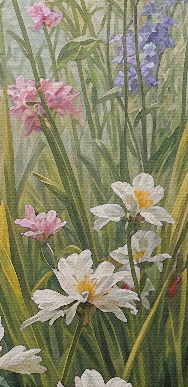 A painting of flowers by a river A painting of flowers by a river