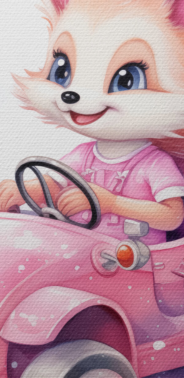 A cartoon fox driving a pink car A cartoon fox driving a pink car