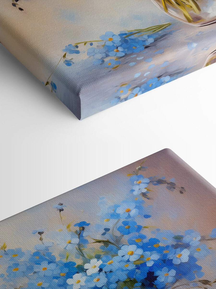 Ein Gemälde mit blauen Blumen in einer Vase