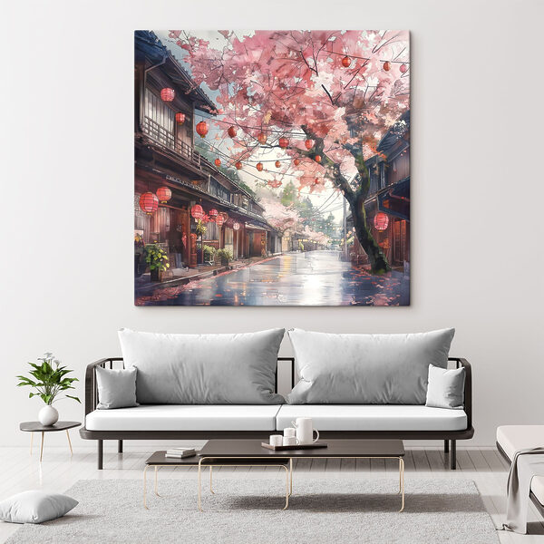 Straße mit rosa Laternen und Bäumen Straße mit rosa Laternen und Bäumen