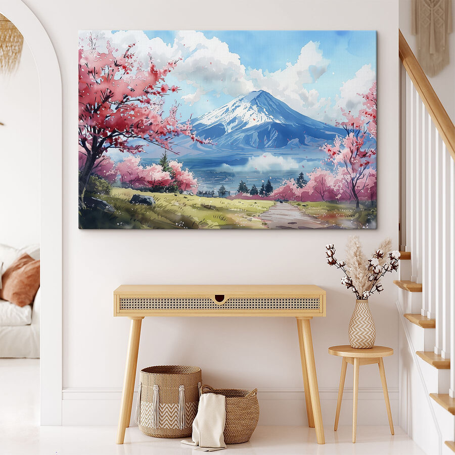 Der Berg Fuji mit rosa Blüten