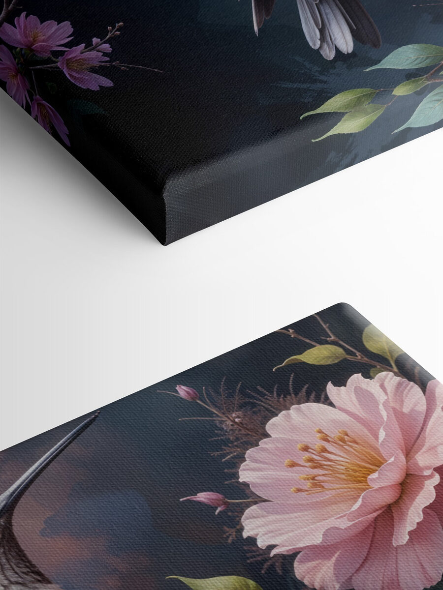Vogel auf einem Zweig mit Blumen sitzend Vogel auf einem Zweig mit Blumen sitzend