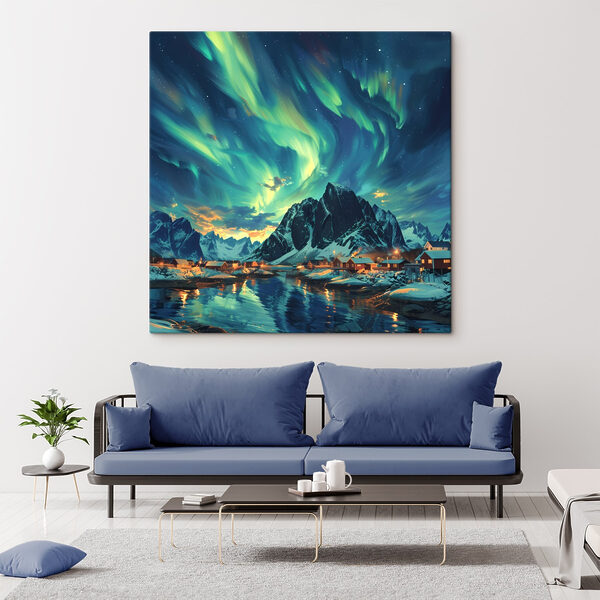Landschaft mit einem See und Häusern im Schnee Landschaft mit einem See und Häusern im Schnee